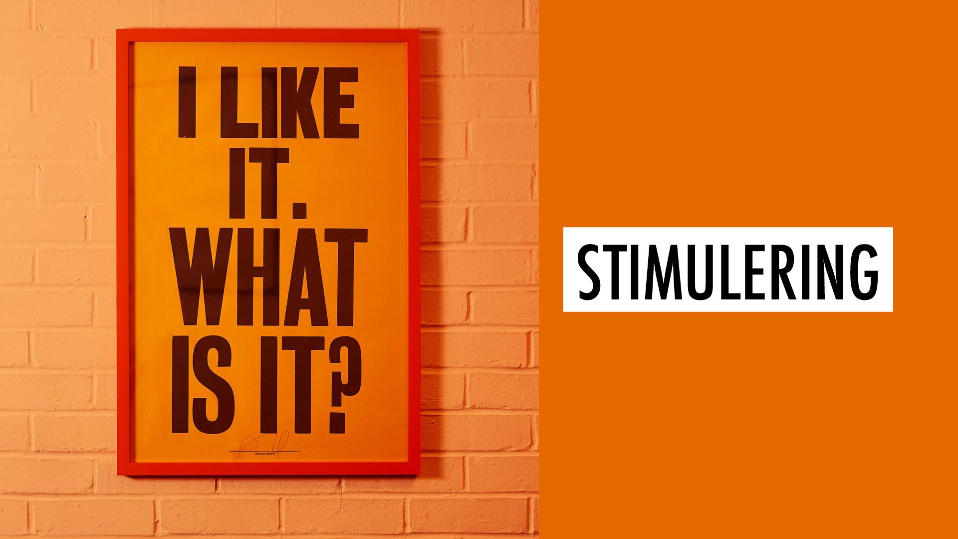 Orange bilde der det står "I like it. What is it?" Ved siden av står det "Stimulering"