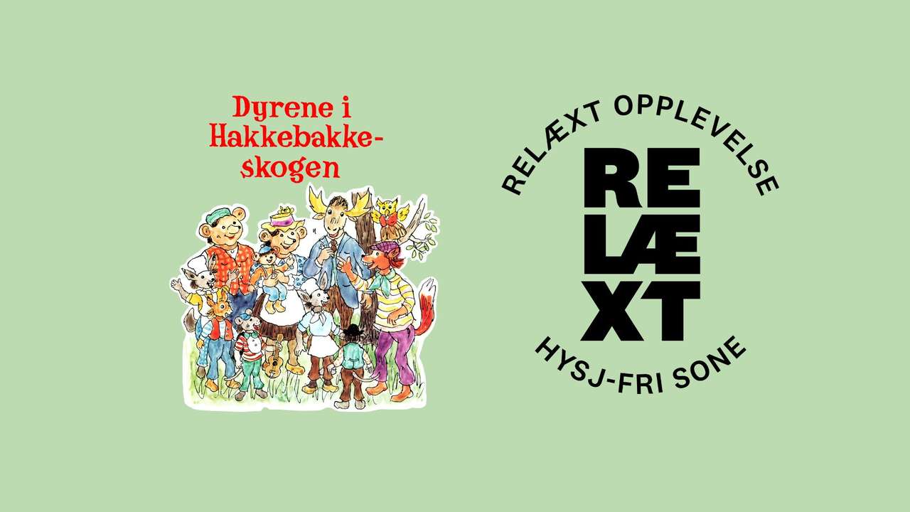 Tegning av Dyrene i Hakkebakkeskogen med logoen til Dyrene i Hakkebakkeskogen og Relæxt