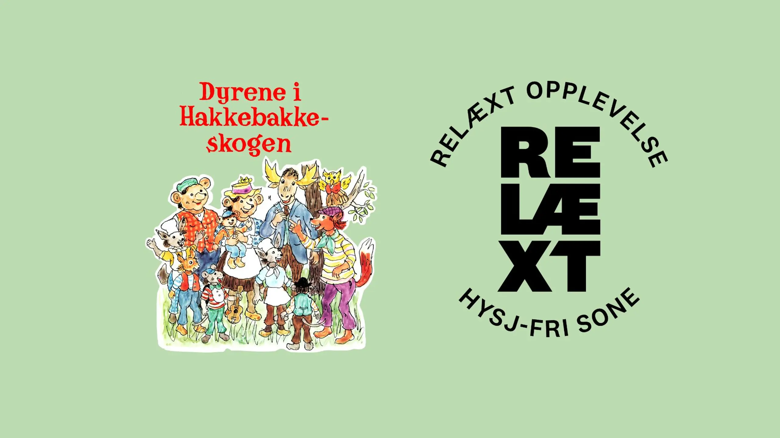 Tegning av Dyrene i Hakkebakkeskogen med logoen til Dyrene i Hakkebakkeskogen og Relæxt