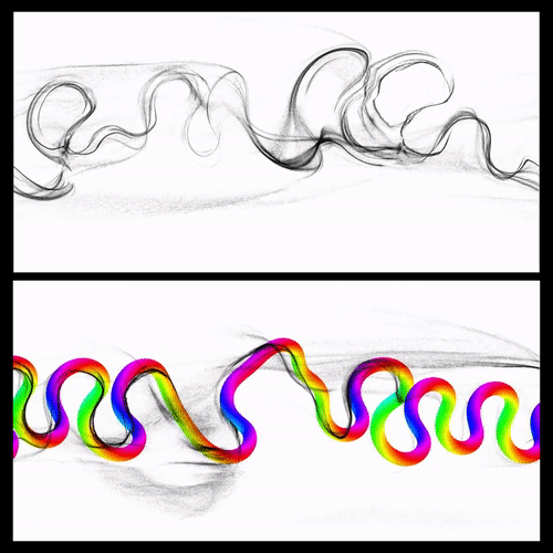 A GIF with two panels. The top shows black sand in a river pattern. The bottom shows a growing river in rainbow colors, showing the direction the sand is moving.
