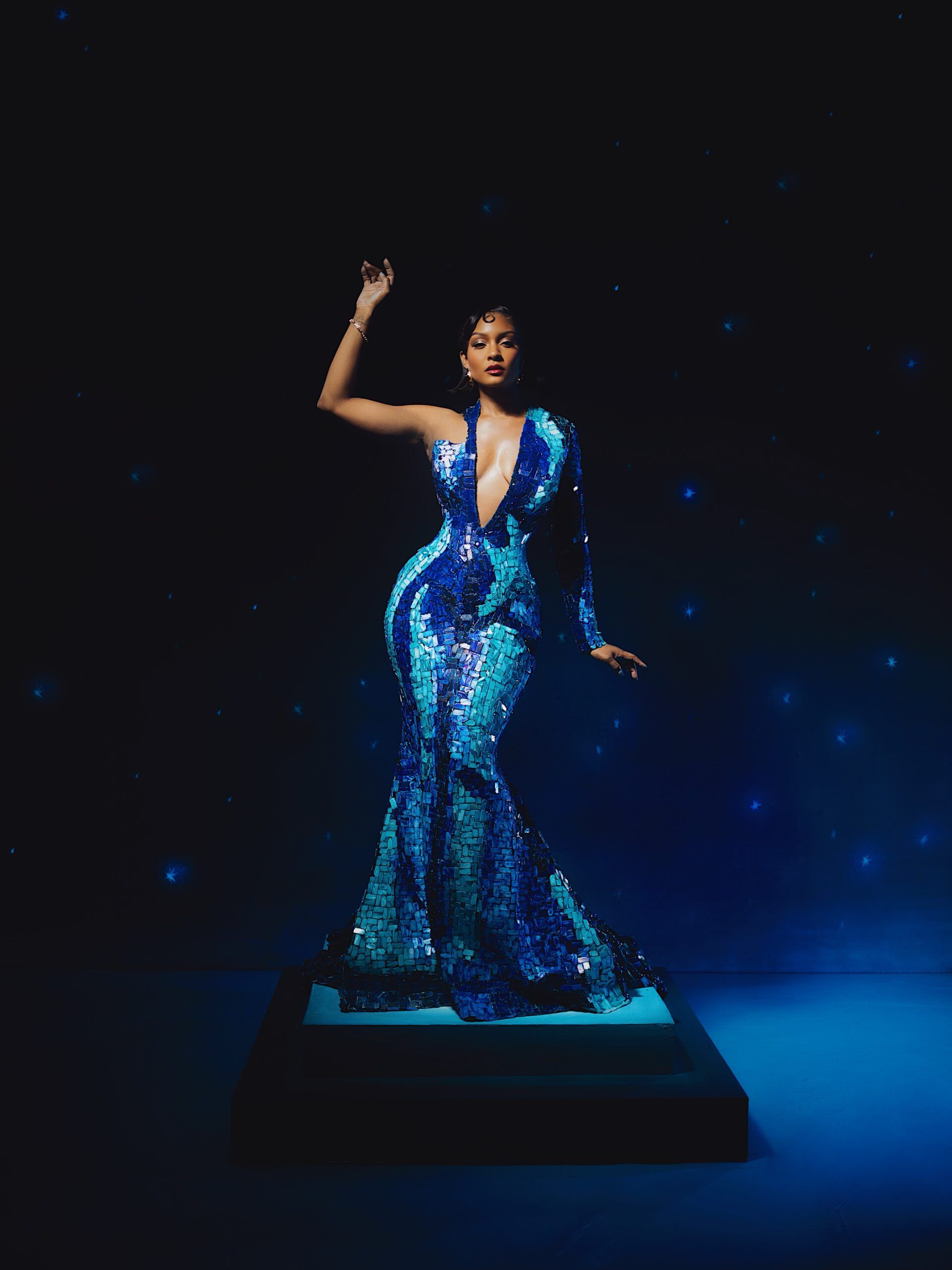Osas Ighodaro Looks Like a Work of Art in This Blue Mosaic Gown by House of Marvee