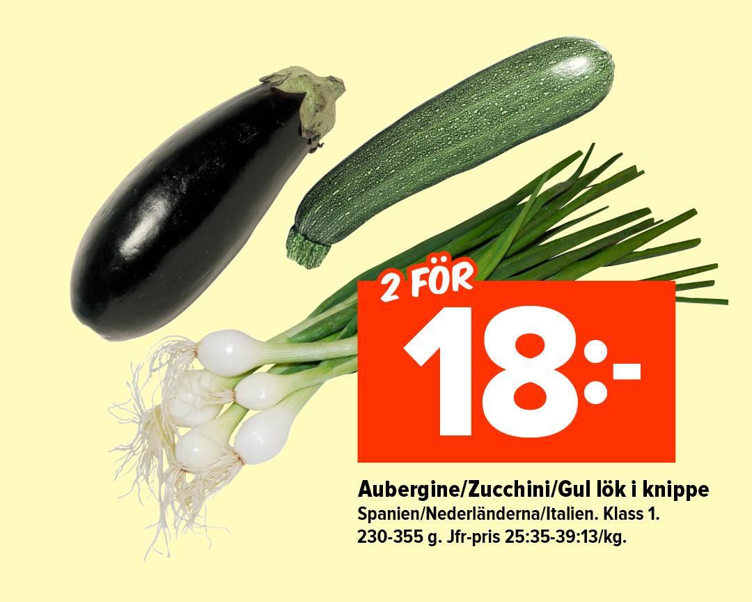 Aubergine/Zucchini/Gul lök i knippe 2 för 18:-