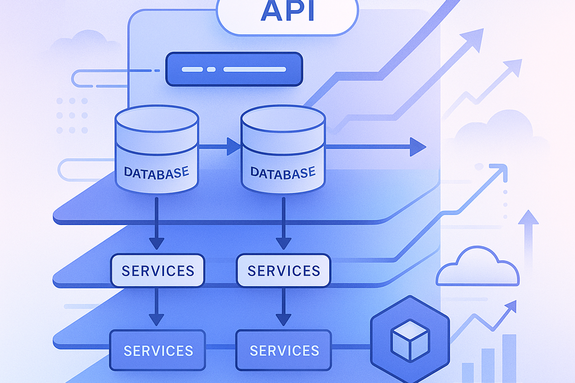 A flat-style digital illustration of a scalable software architecture. The image shows a layered blueprint with labeled sections for API, services, and databases. Soft blue and purple gradients dominate the color palette. Arrows and dotted lines depict system expansion and flow. Abstract icons for cloud, containers, and analytics graphs are arranged cleanly in a modern, slightly futuristic design.