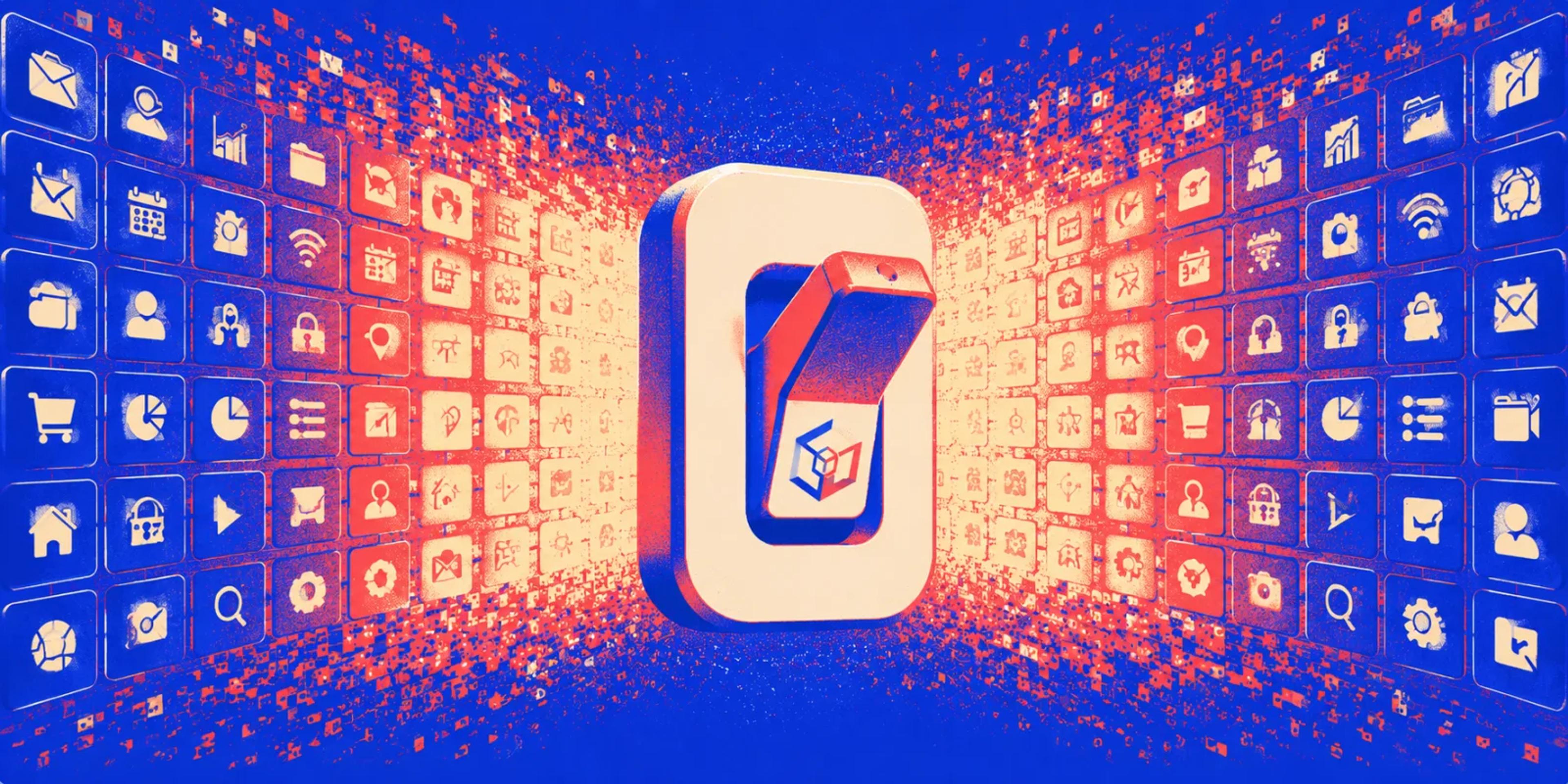 Illustration of a switch surrounded by a grid of app icons streaming into it, representing Zoho One unifying business apps