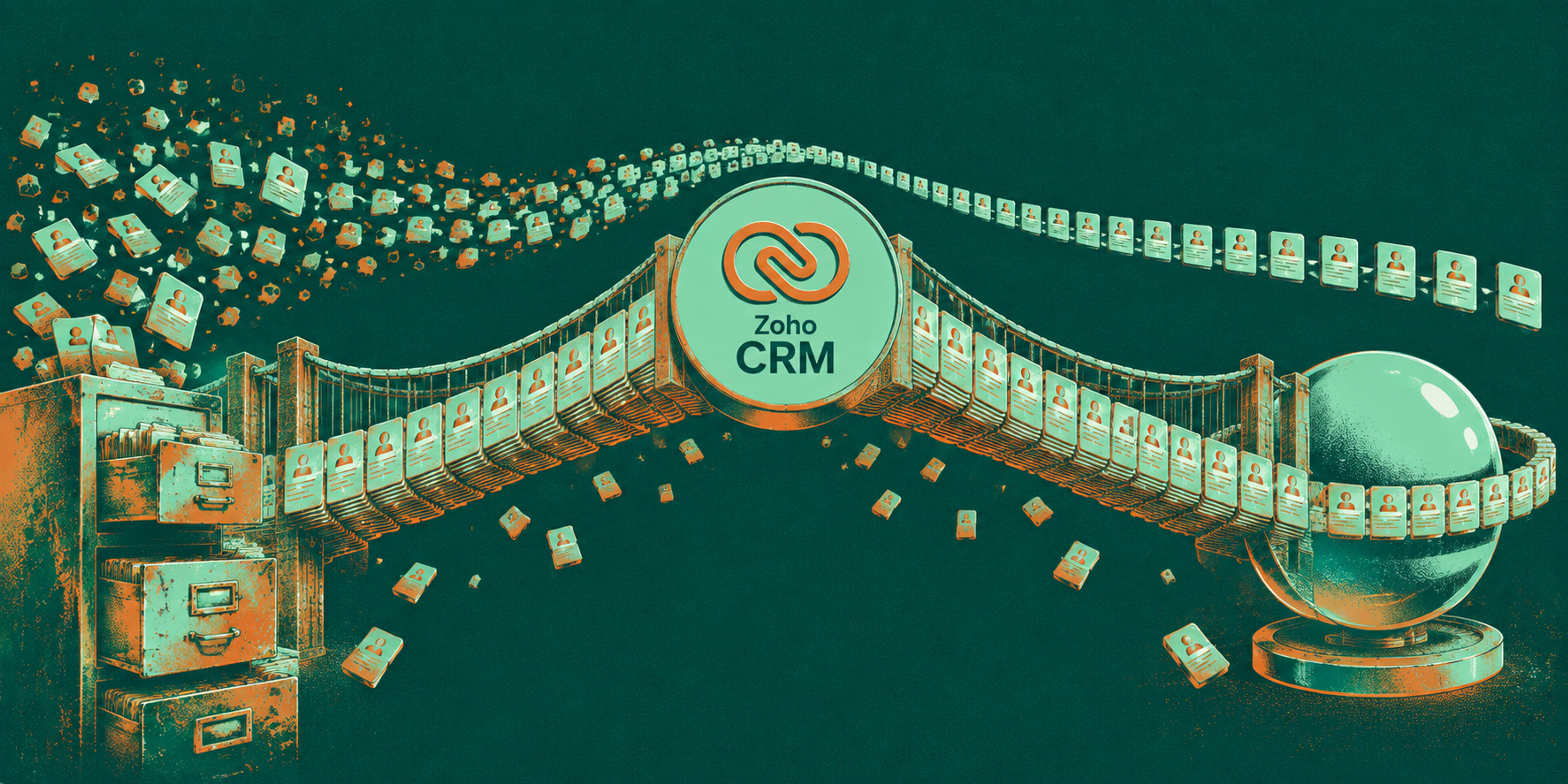 Illustration of contact records flowing into a Zoho CRM hub in place of an old filing cabinet, representing CRM migration