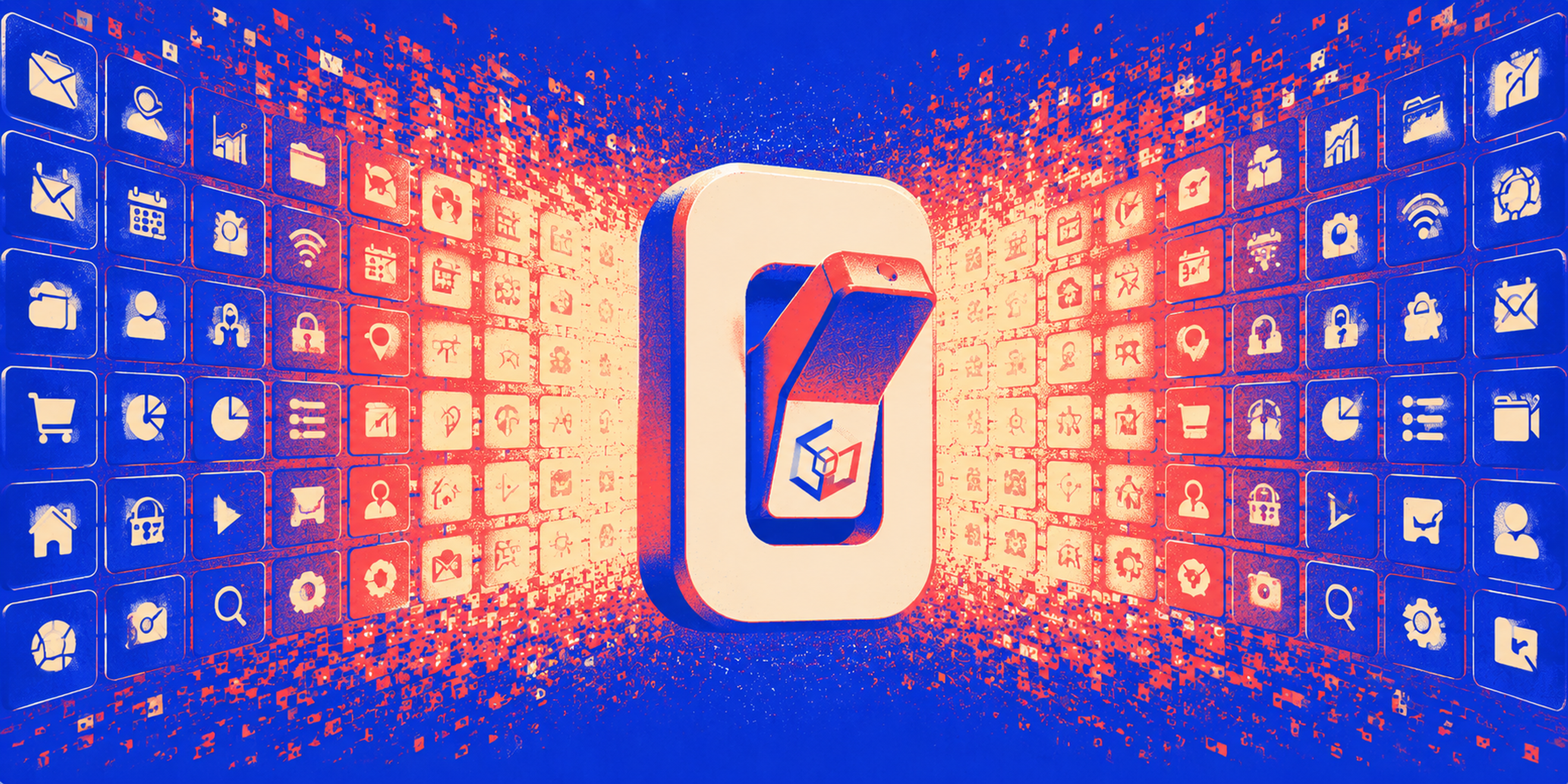 Illustration of a switch surrounded by a grid of app icons streaming into it, representing Zoho One unifying business apps