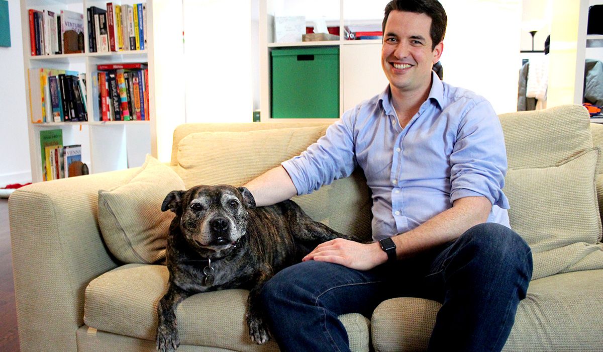 A man and a brindle-coated dog relax on a sofa in an office