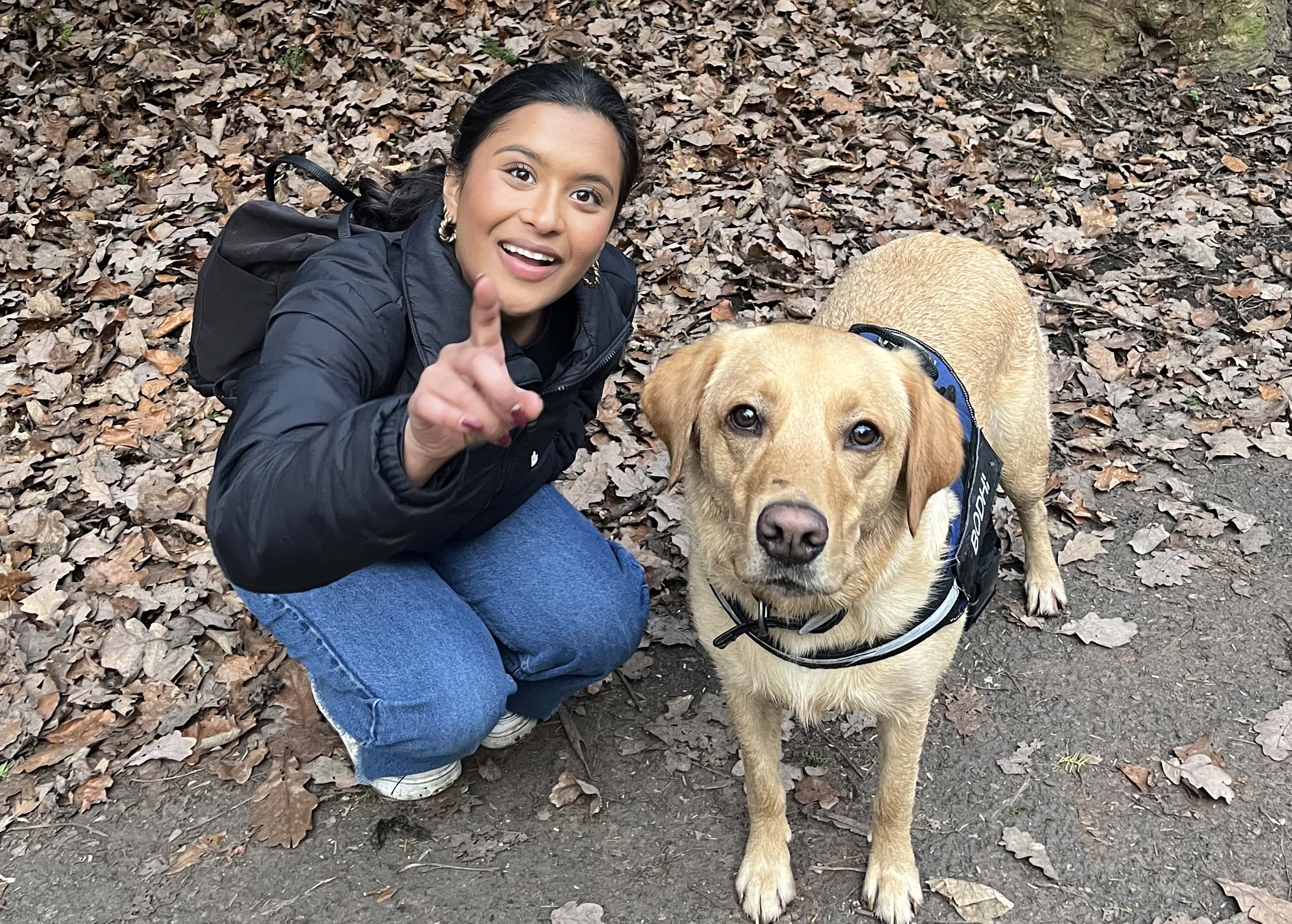 student Hiruni with borrowed Labrador Bodhi on an adventure in Newcastle