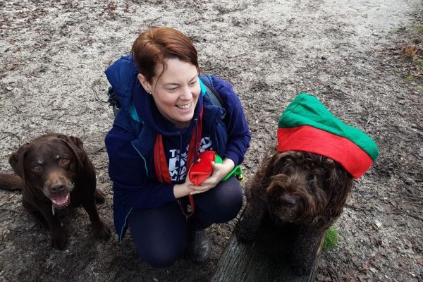 Claire with 2 borrowed doggies on a Christmas walk