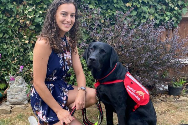 medical detection dog with red jacket