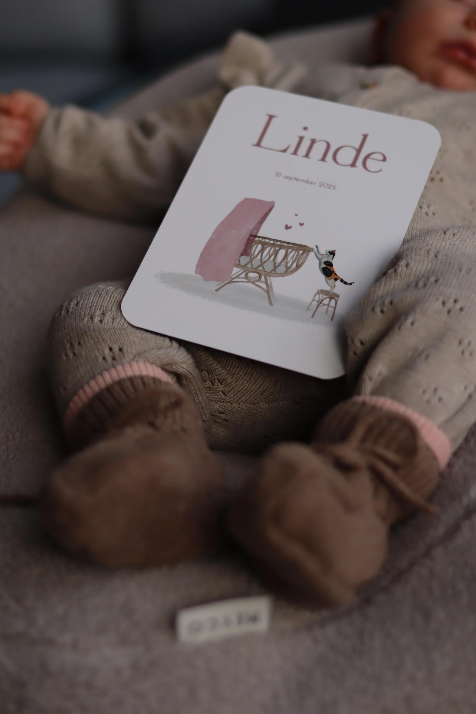 Een pasgeboren baby, met geboortekaartje 'LINDE'