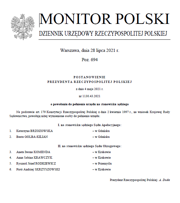 Powołanie do pełnienia urzędu na stanowisku sędziego