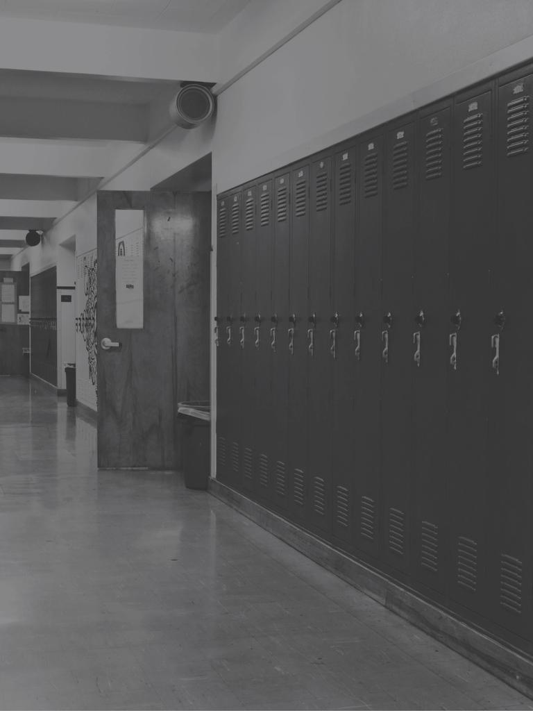 Greyed out school corridor. Lockers seen on the right with classroom doors open.