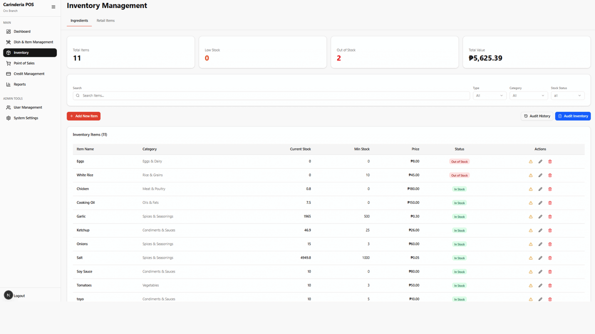 Inventory management screen showing raw ingredient stock levels with automated deductions triggered by sales transactions