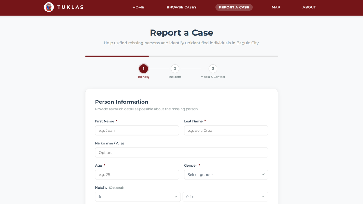 TUKLAS digital intake forms for entering missing person details including physical description and last known location