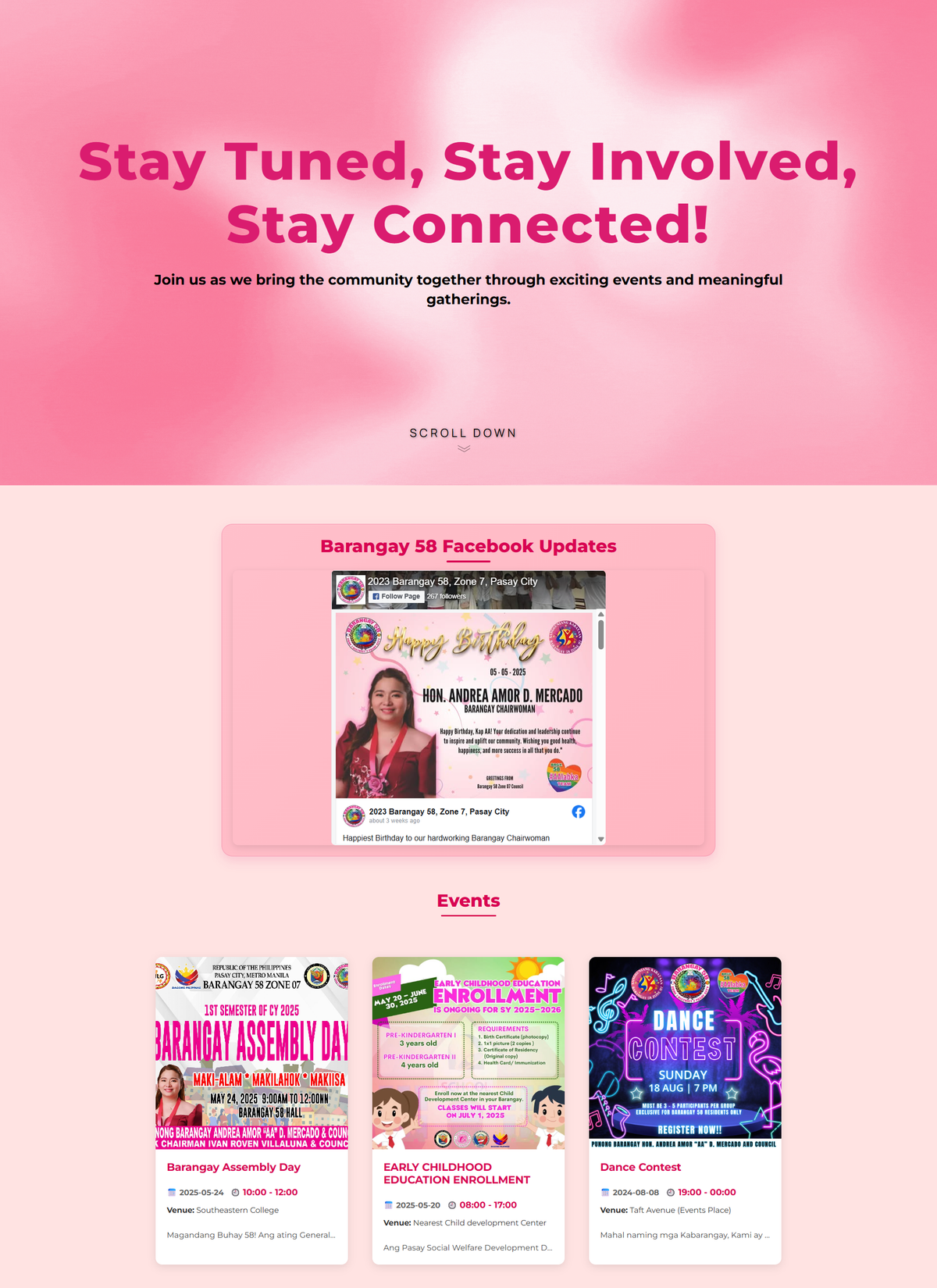 Barangay 58 events and announcements manager where admins post community news, upcoming meetings, and local government programs