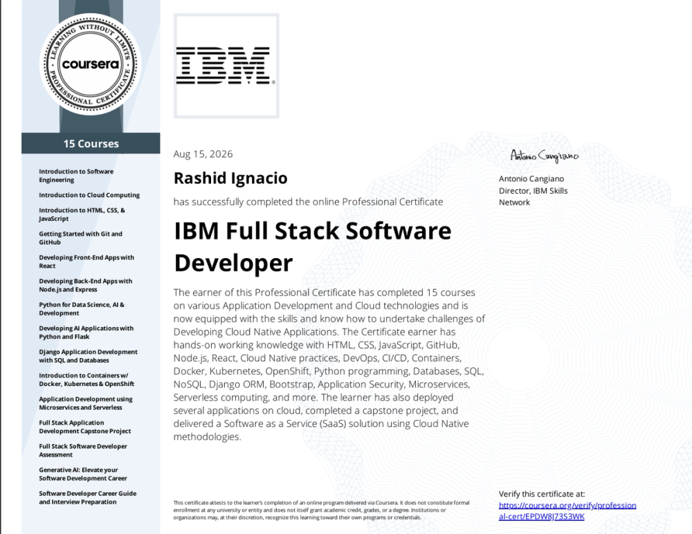 IBM Full Stack Software Developer Professional Certificate