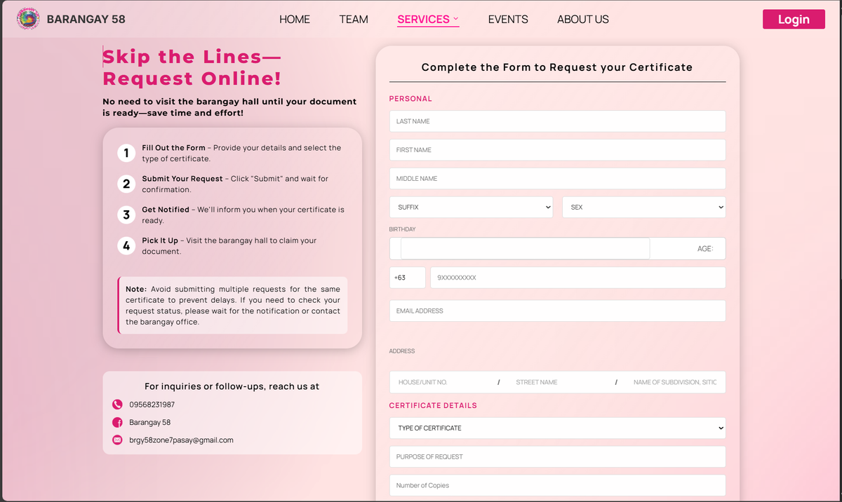 Barangay 58 digital service portal showing online document request forms for barangay certificates and clearances