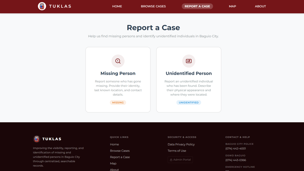 TUKLAS public report submission form for filing a new missing person case with photo upload