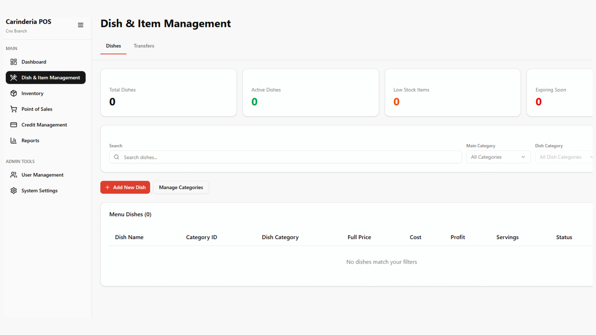 Dish management screen showing menu items with recipe costing, ingredient links, and portion sizes across branches