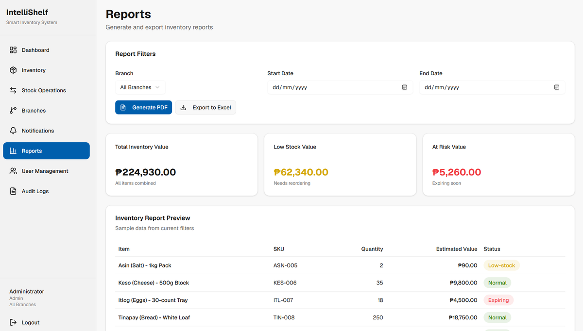 IntelliShelf reports page with Excel and PDF export of inventory data filtered by branch and date range