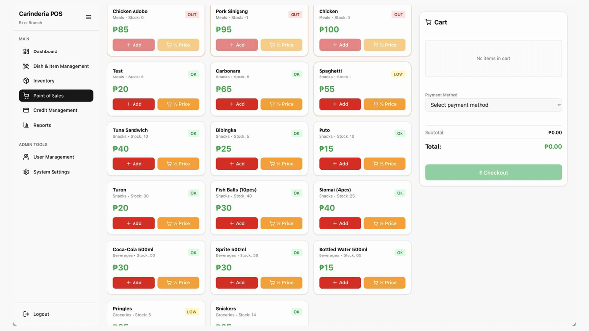 Point of sale interface used by cashiers to process food orders with automatic ingredient deduction from inventory
