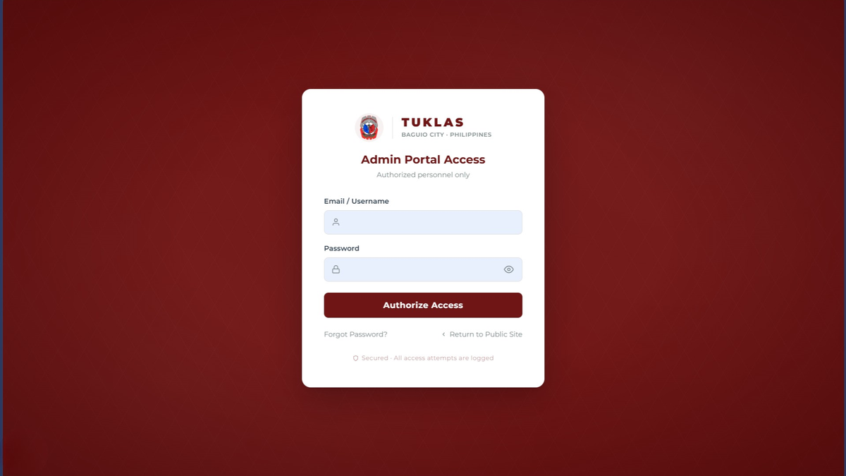 TUKLAS secure login screen for barangay staff and admin access with role-based authentication