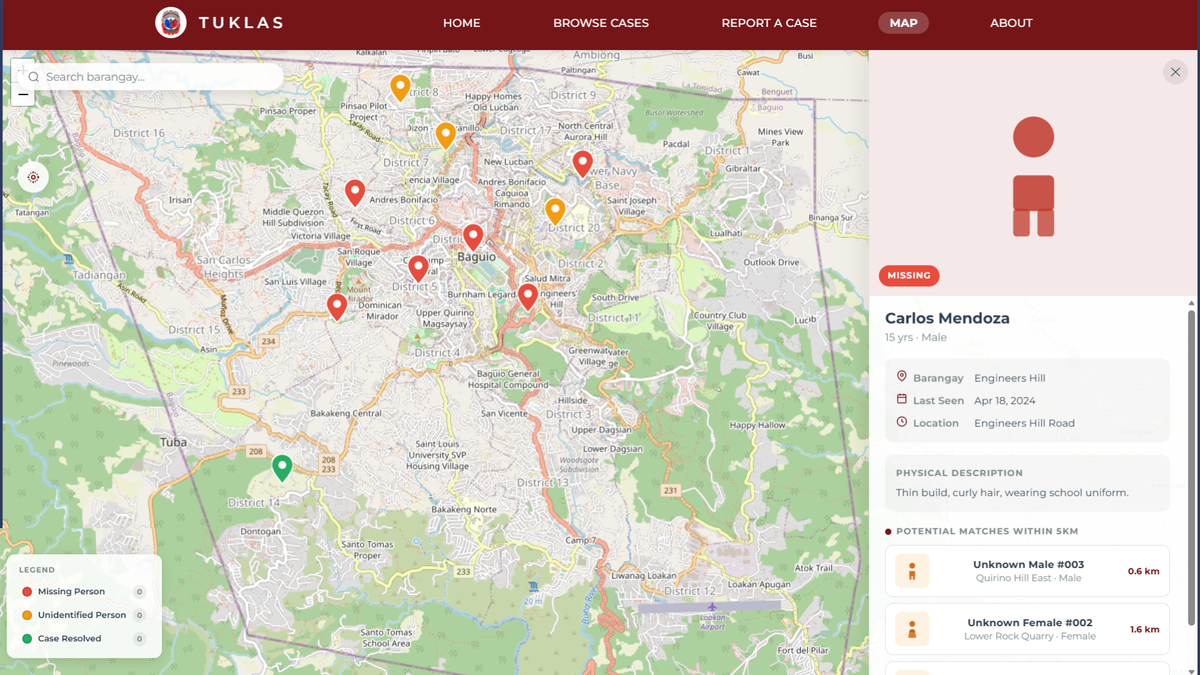 TUKLAS geospatial map view plotting missing persons case locations across all 128 barangays of Baguio City