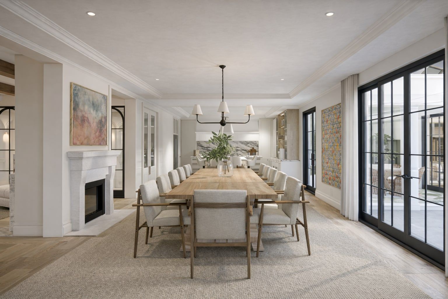 The dining room at Moondance, with a fireplace
