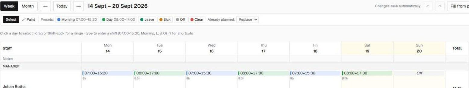 Shift presets above the weekly planner