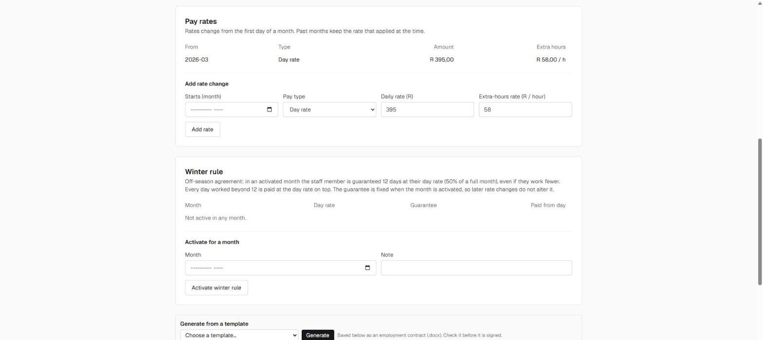 A staff profile showing dated pay rates, the winter-rule guarantee and generating a contract from a template