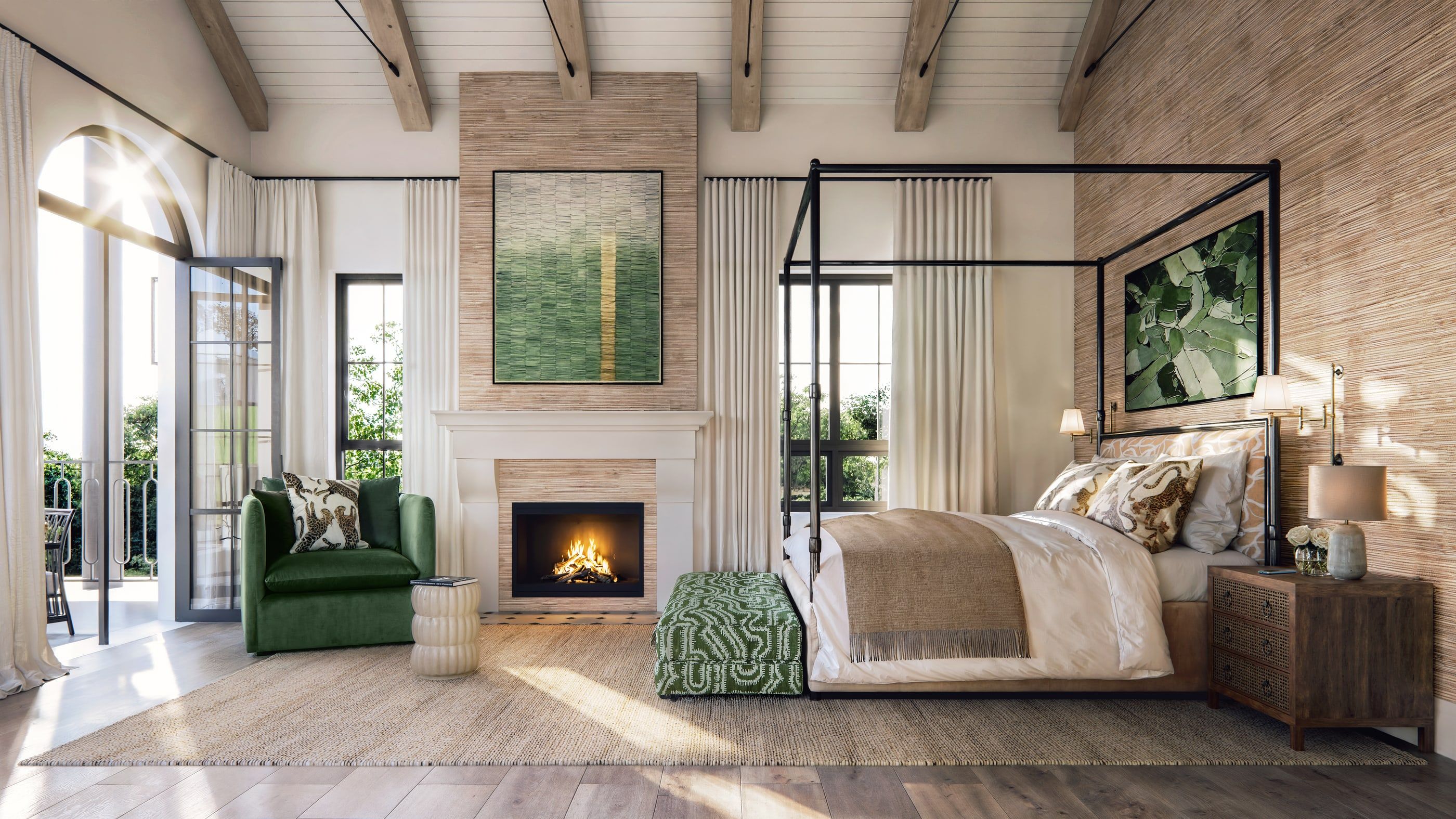 A bedroom at Sunkiss with a four-poster bed and a fireplace