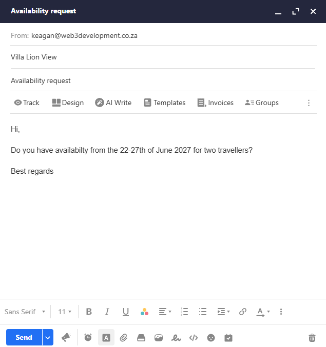 A guest’s availability request: two travellers, 22 to 27 June