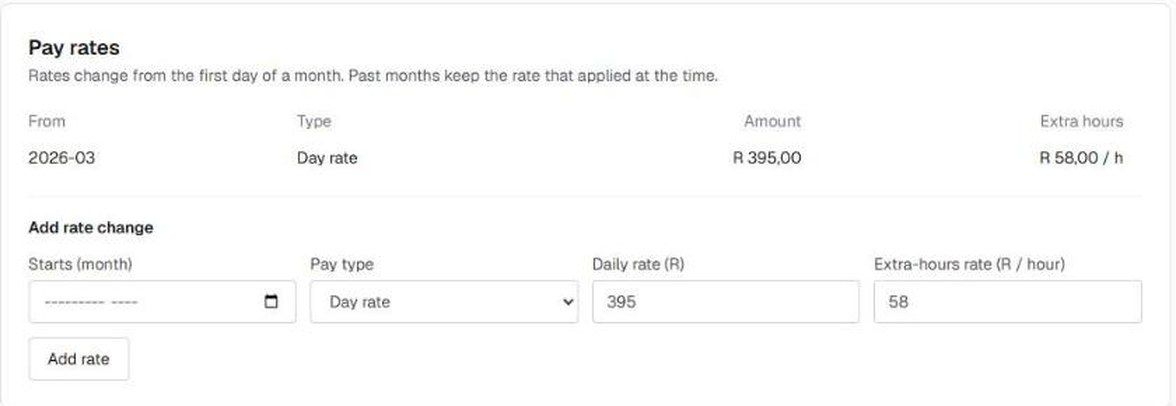 A staff profile with dated pay rates