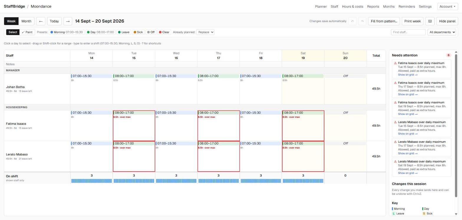 The StaffBridge weekly planner showing staff by department and their shifts as colour blocks