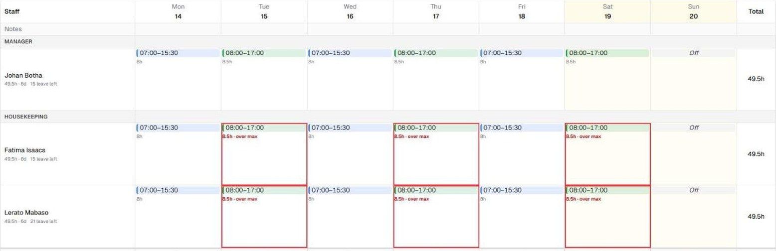 The weekly planner with morning and day shifts