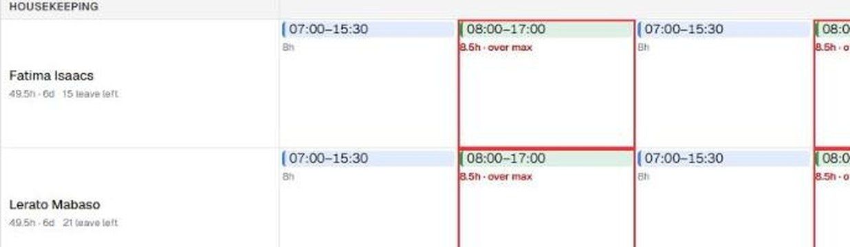 Staff rows showing hours, days and leave left