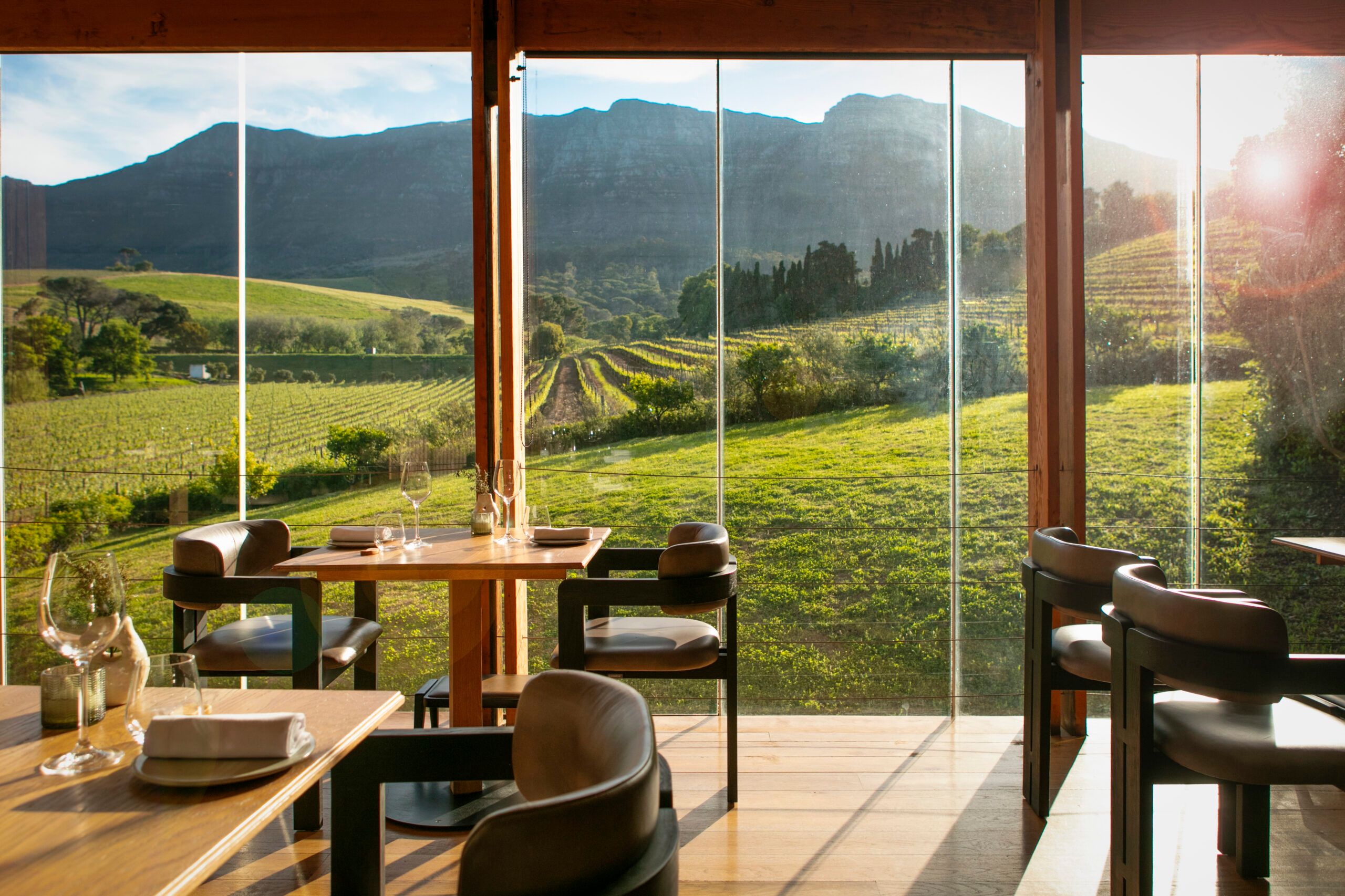 A private dining table set beside floor-to-ceiling windows over the vineyards.