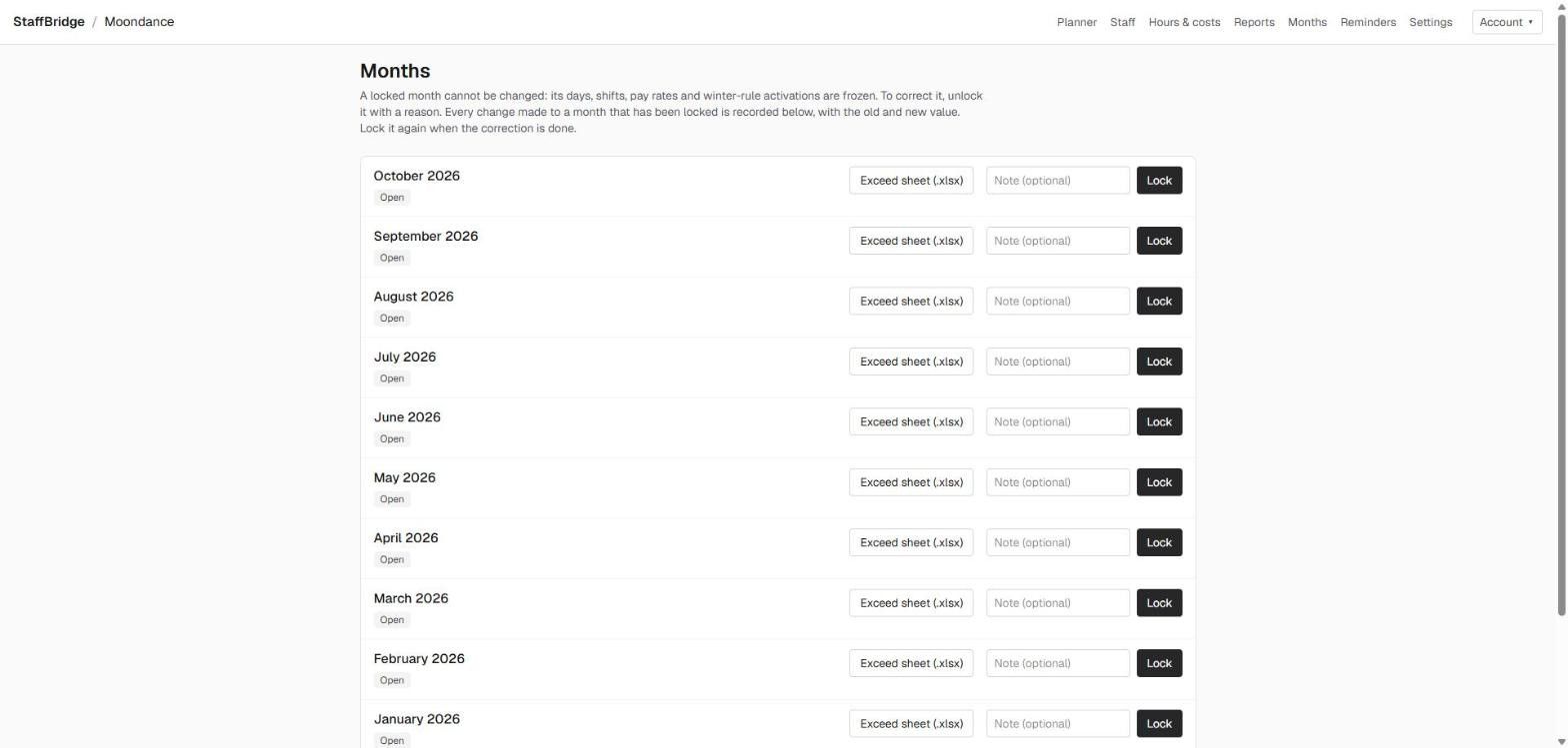 The months list, each with an Excel export and a lock button