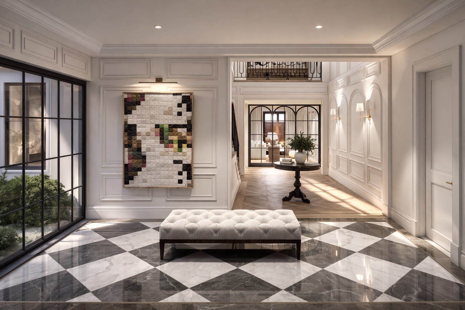 The entrance hall at Moondance, with a chequered marble floor