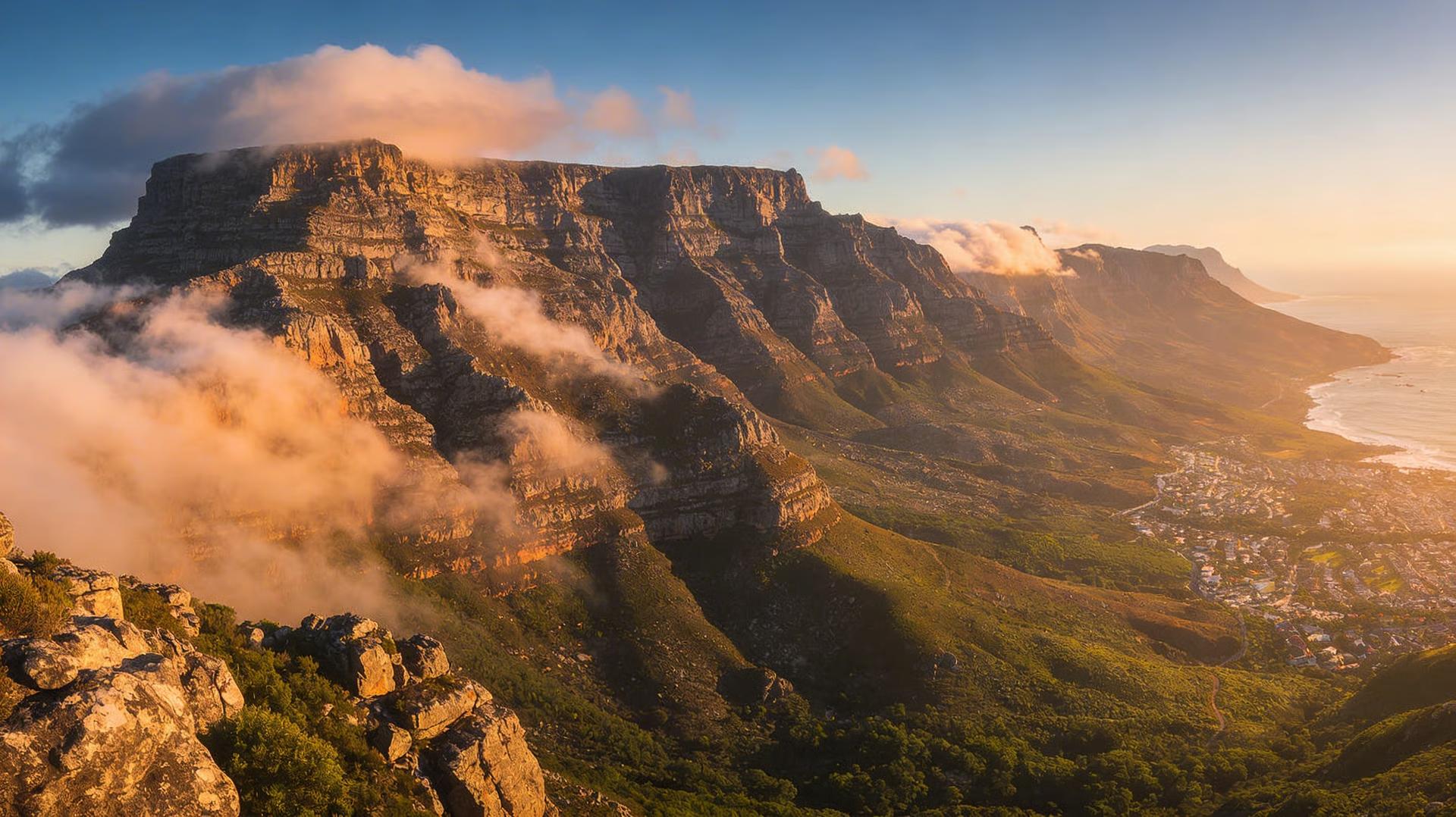 Table Mountain seen from the cable car at sunrise.