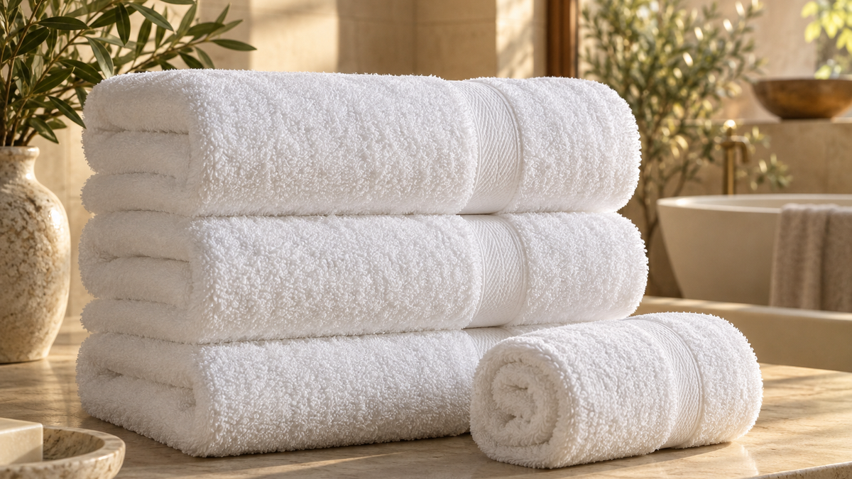 Stack of plush white hotel towels in a marble bathroom