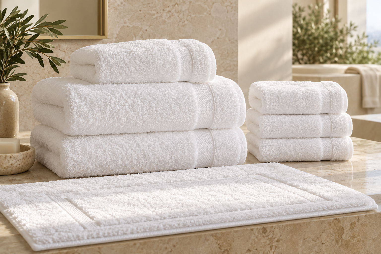 Stacks of white hotel bath towels and a bath mat on a stone counter