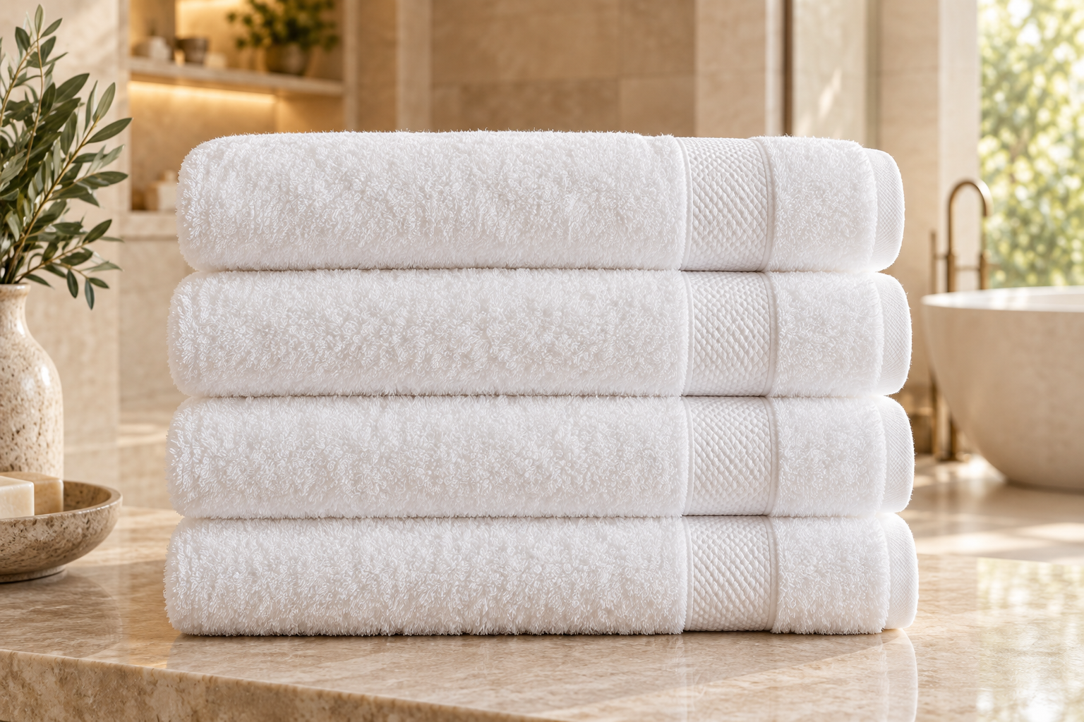 Stack of white hotel bath towels with dobby borders