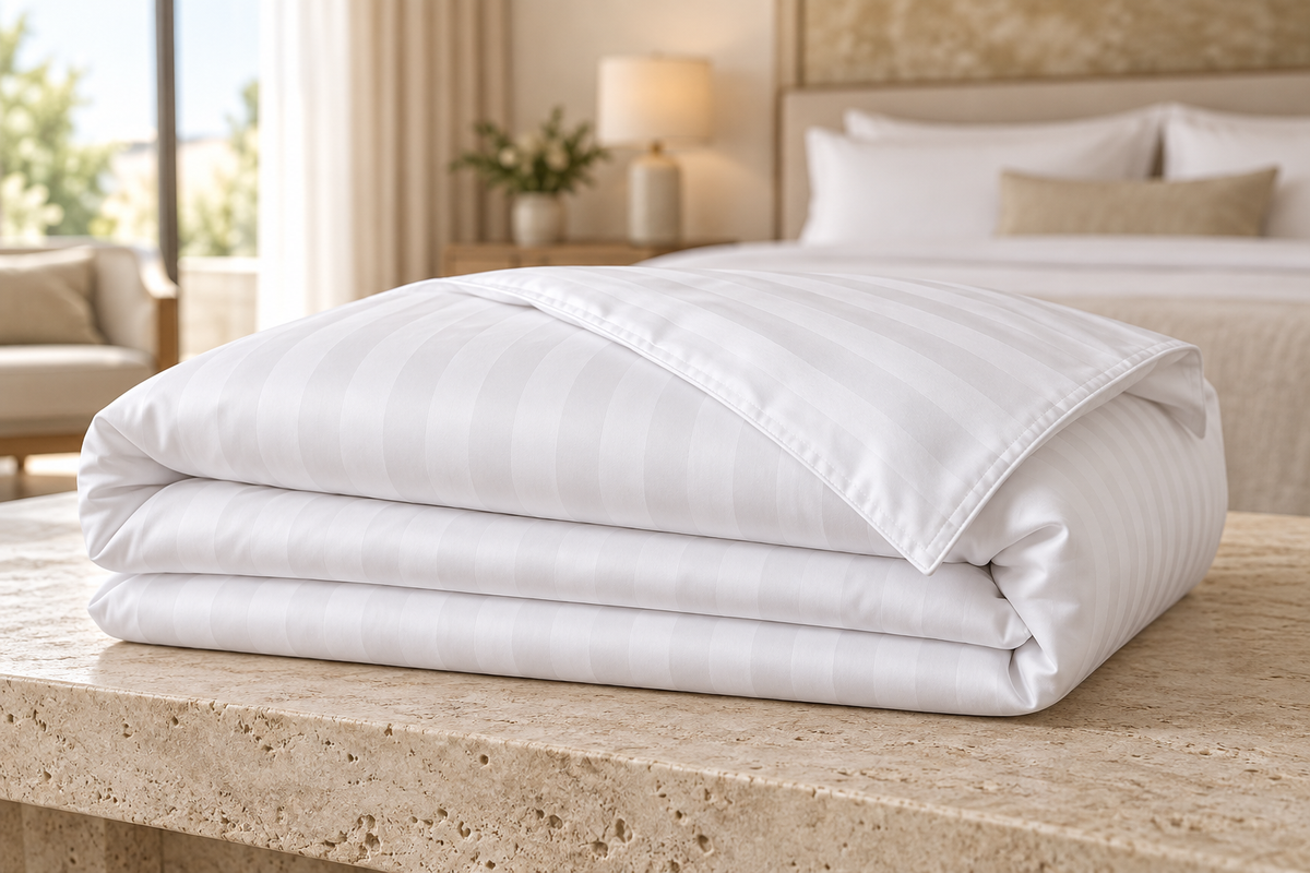 Folded white satin-stripe hotel duvet cover on a stone counter