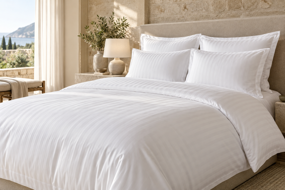 Hotel bed dressed in white satin-stripe bed linen