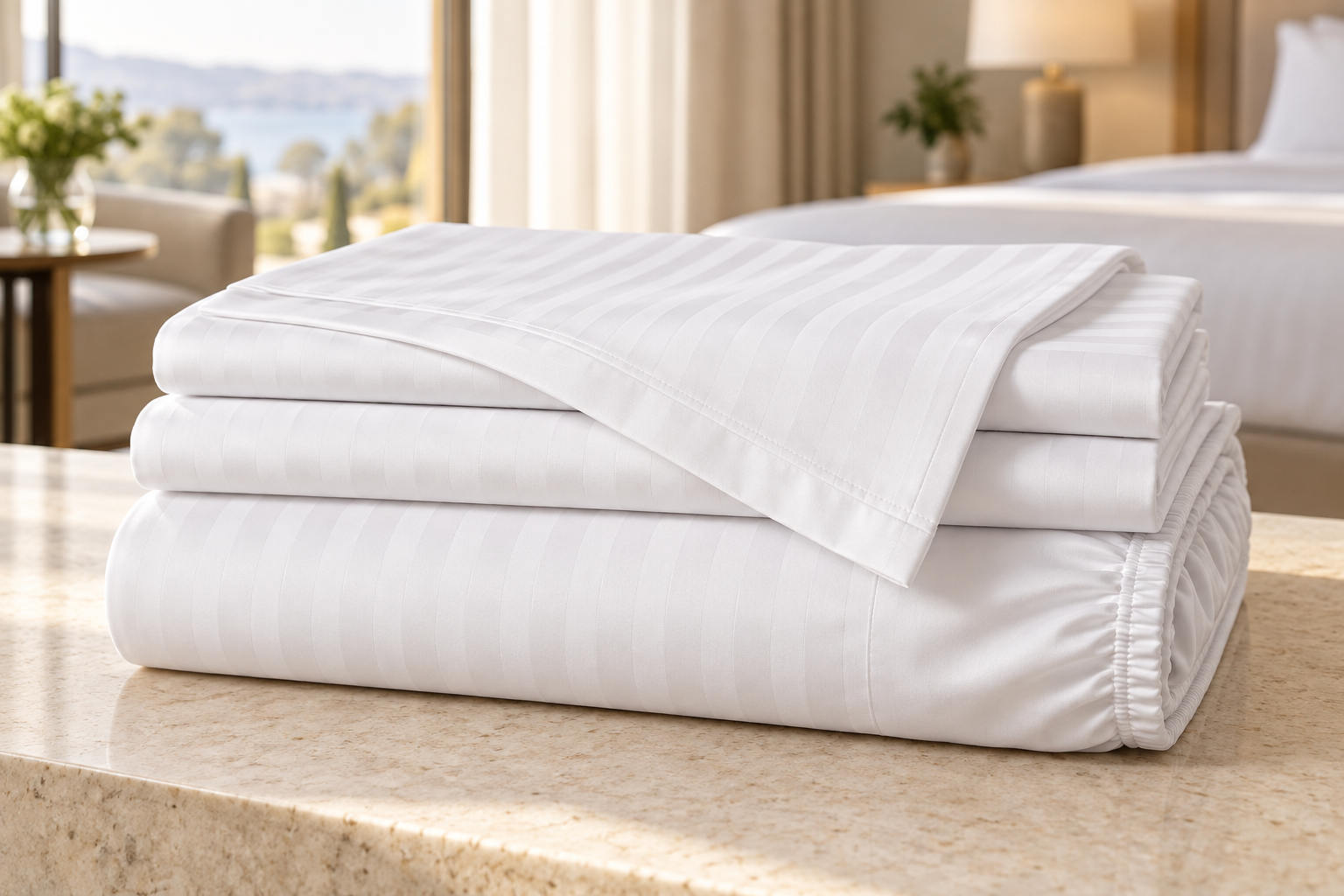 Folded white flat and fitted hotel sheets on a stone counter