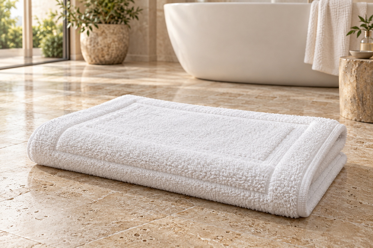 Folded white framed terry hotel bath mat on a bathroom floor