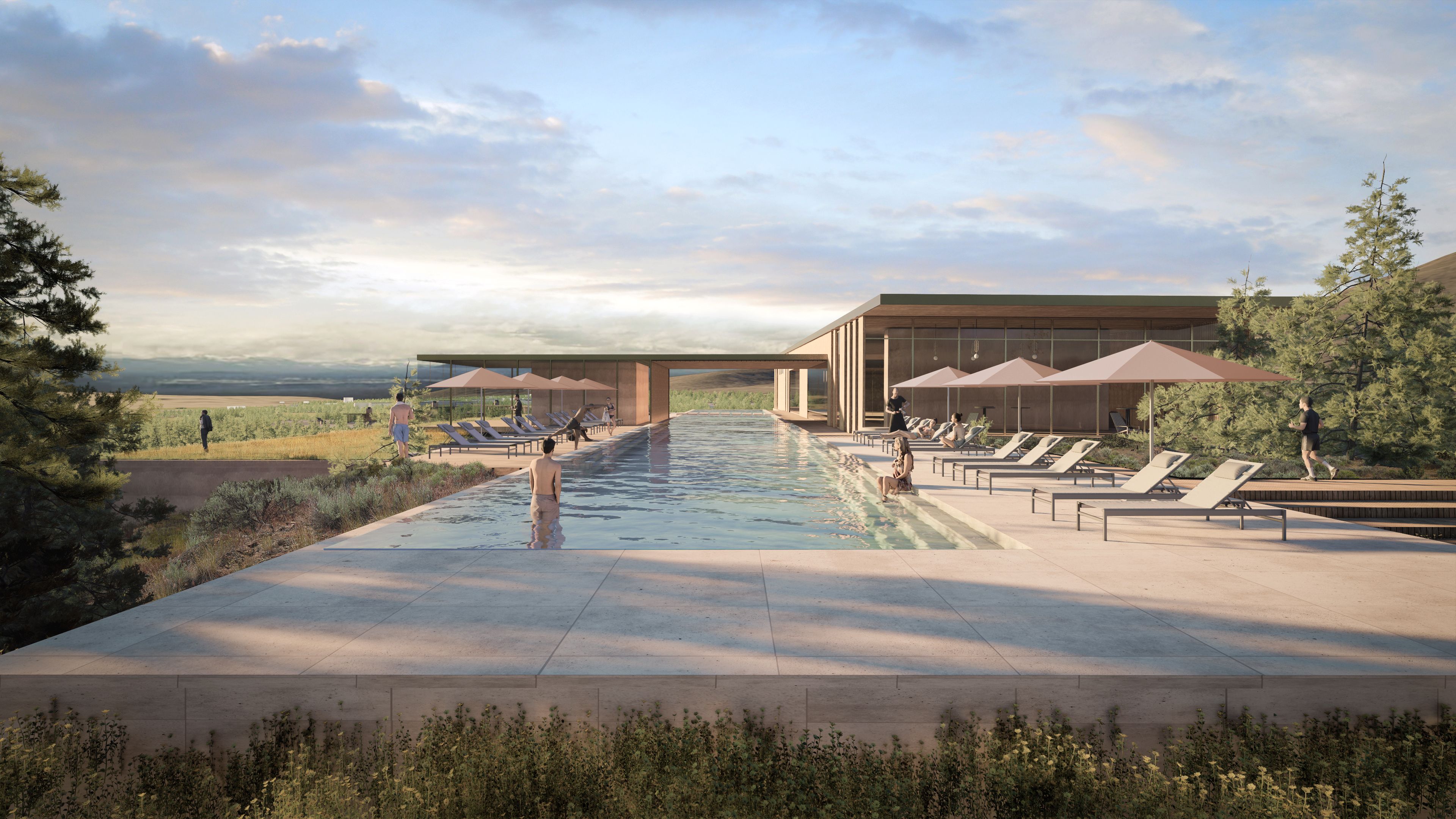 An artistic rendering of the outdoor space and pool at the in-development Thornburgh Ranch.