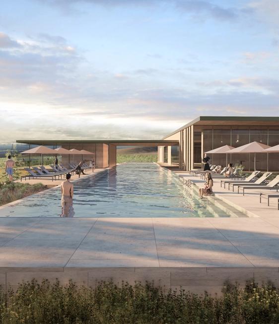 A rendering of an infinity pool in front of a low-slung modern building, at dusk